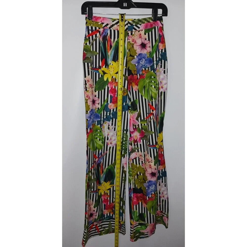 Studio F Pant Women's 6 Black White Stripe Floral High Waisted Palazzo‎ Wide Leg - Picture 7 of 10